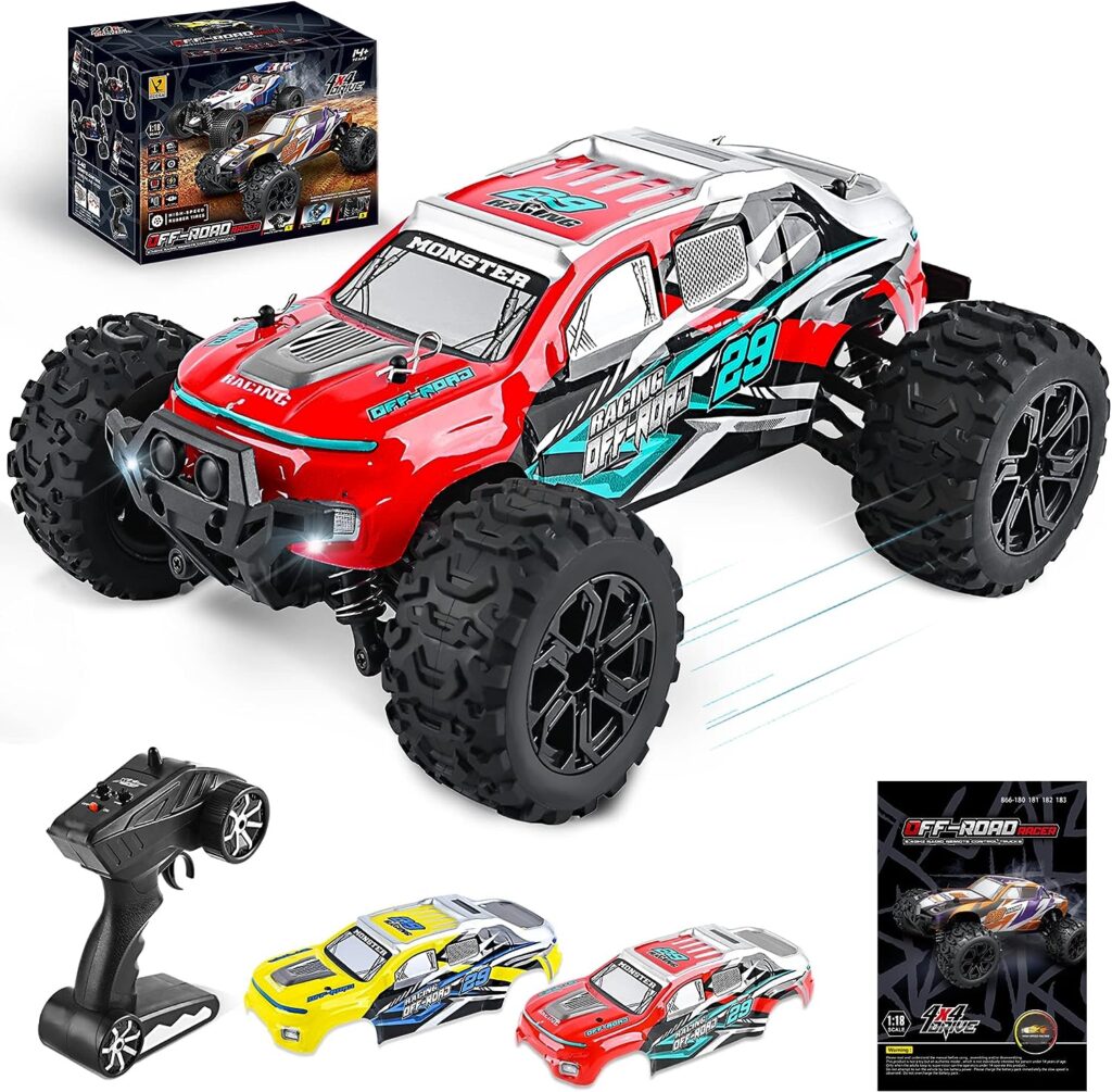 LYINSU Remote Control Car, 1:18 Scale All Terrains RC Cars, 4WD High Speed 45+KM/H Off Road Monster RC Truck, 2.4GHZ RC Truck with 2 Rechargeable Batteries, RC Trucks Gift for Kids Adults