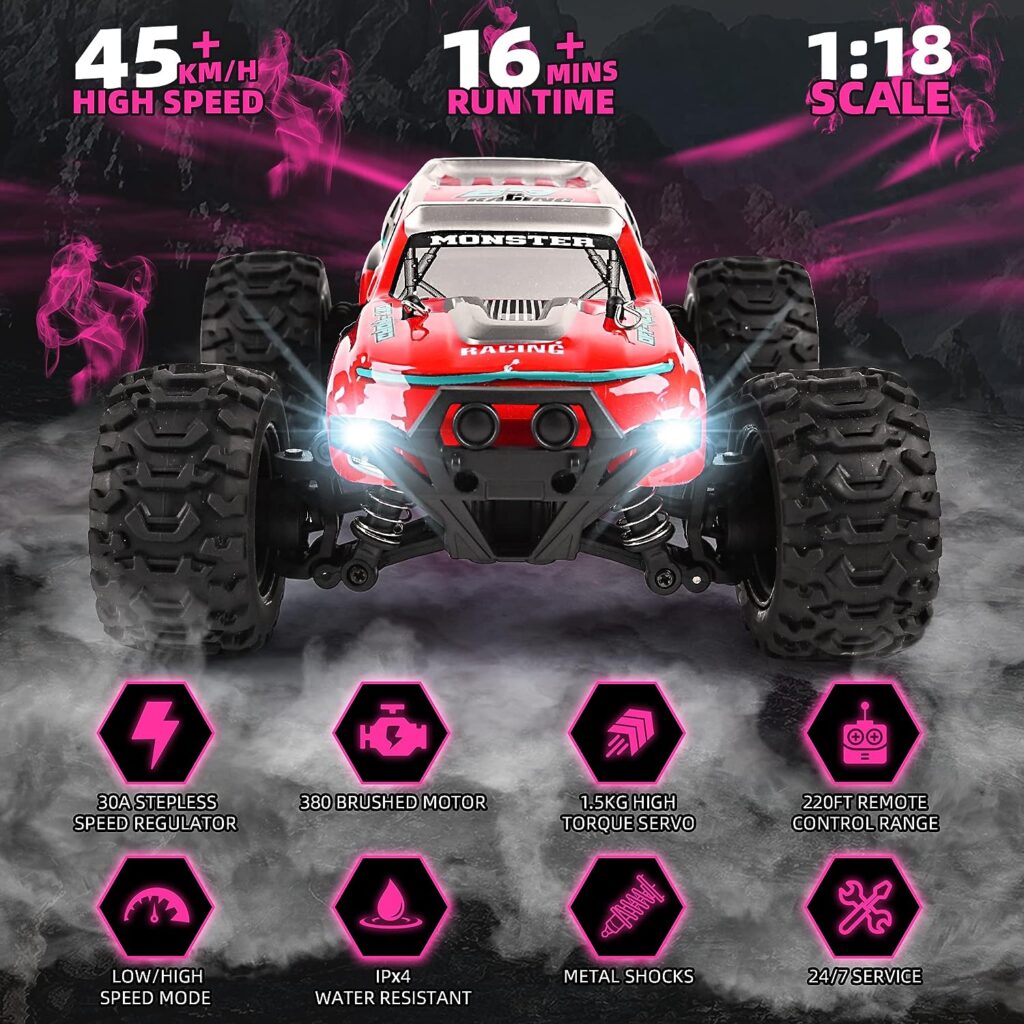 LYINSU Remote Control Car, 1:18 Scale All Terrains RC Cars, 4WD High Speed 45+KM/H Off Road Monster RC Truck, 2.4GHZ RC Truck with 2 Rechargeable Batteries, RC Trucks Gift for Kids Adults