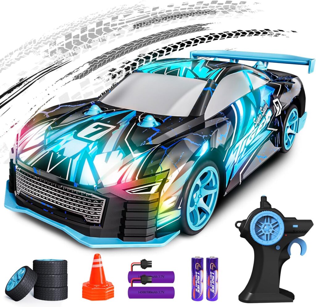 Tecnock Rc Drift Car for Kids, 2.4GHz 4WD Remote Control Car for Boys 8-12, 1/24 Rc Car with Lights and Replacement Tires, Toy Car Gifts for Boys Girls,Blue