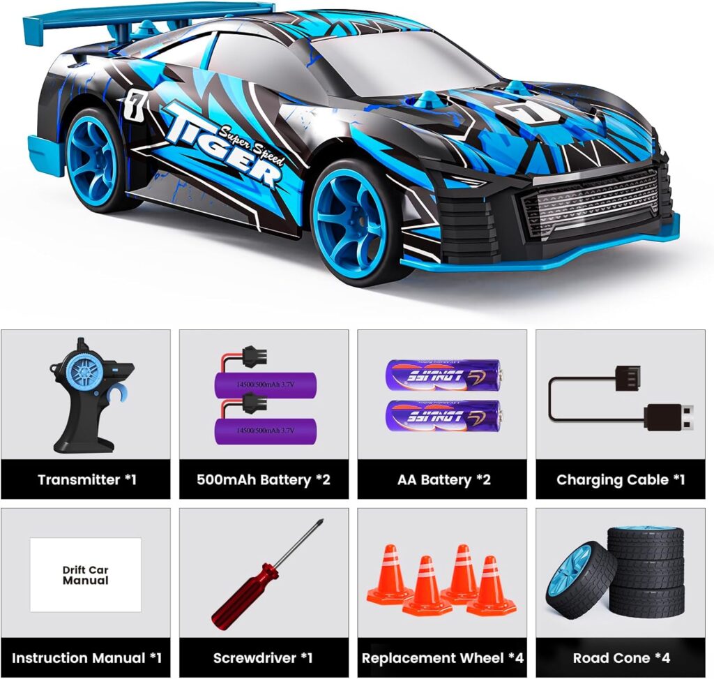 Tecnock Rc Drift Car for Kids, 2.4GHz 4WD Remote Control Car for Boys 8-12, 1/24 Rc Car with Lights and Replacement Tires, Toy Car Gifts for Boys Girls,Blue