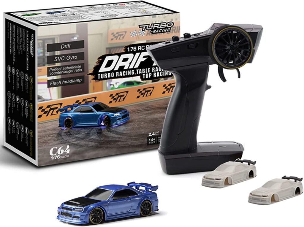 CALLPHA Turbo Racing 1:76 Scale Drift RC Car with Gyro Mini Full Proportional RTR 2.4GHZ Remote Control with 2 Replaceable Body Shell (C64 Blue-Drift)