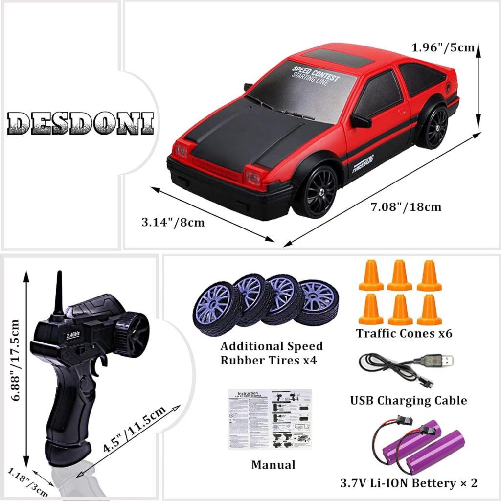 Desdoni RC Drift Car 2.4GHz 1:24 Scale 4WD High Speed Remote Control Cars Vehicle with LED Lights Batteries and Drifting Tires Racing Sport Toy Cars for Adults Boys Girls Kids Gift