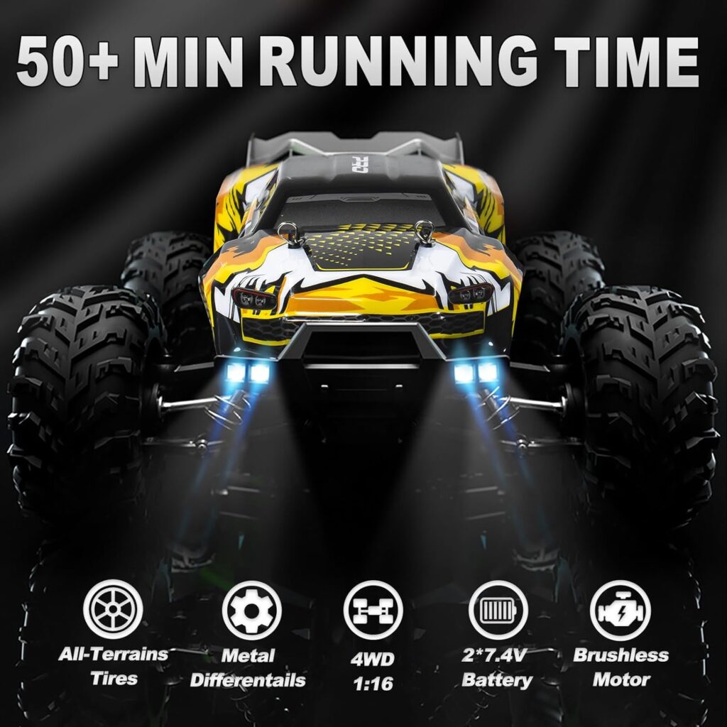 Spark Brushless RC Cars for Adults Fast 43 MPH, 4WD High Speed All Terrain RC Truck, Remote Control Car for Adults with 50 Min Runtime, 1:16 Offroad Monster Truck with Metal Parts  2 Batteries