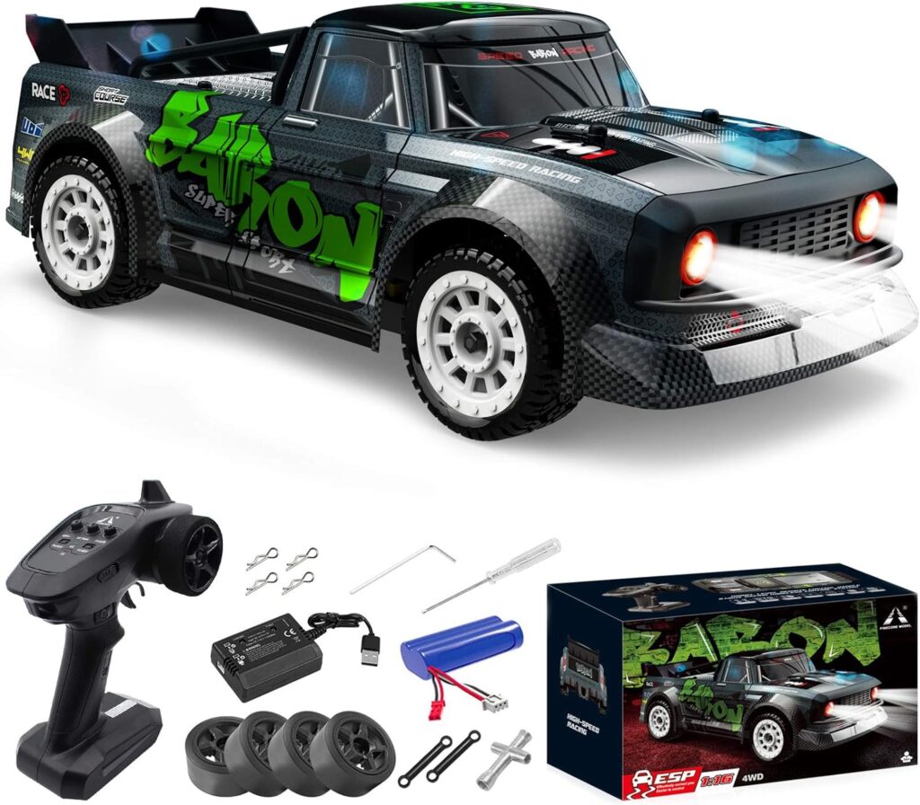 fisca 1/16 Remote Control High Speed Car, 4WD RC Drifting Racing Cars Fast 20MPH Truck 2.4Ghz Off-Road 4X4 Buggy Car Speed  Steering Control Vehicle Toy with Lights for Kids and Adults