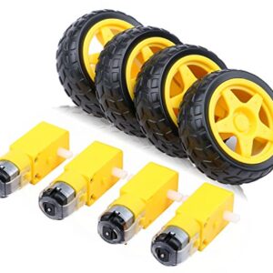 Yeeco 4pcs DC Electric Motor 3-6V Dual Shaft Geared TT Magnetic Gearbox Engine with 4Pcs Plastic Car Tire Wheel, Mini Φ67mm Smart RC Car Robot Tyres Model Gear Parts