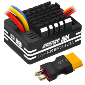 GOUPRC 2S-3S LiPo Metal Brushed ESC Electronic Speed Controller T-plug/XT60 plugs for 1/10 RC Car RC Boat for use with 540/550/750 motors (80A Black)