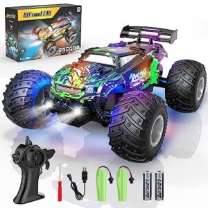 BAZOLOTA Remote Control Car, 1:18 Scale All Terrain RC Cars, 2WD 20Km/h with Colorful LedLight and Two Rechargeable Batteries, Remote Control Monster Truck Off Road Racing Car Toys for Kids and Boys