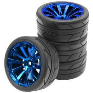 ShareGoo OD 2.55" Rubber Tires w/Plastic Wheel Rims 12mm Hex Compatible with HSP Tamiya Kyosho Traxxas Sakura WLtoys 1/10 RC On Road Racing Touring Car (Blue)