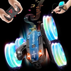 ENERHAMP Remote Control Car - Double-Sided 360° Rotating, 4WD, 2.4GHz Rechargeable with LED Light and Music, RC Stunt Cars Toy for Boys and Girls on Birthdays Blue